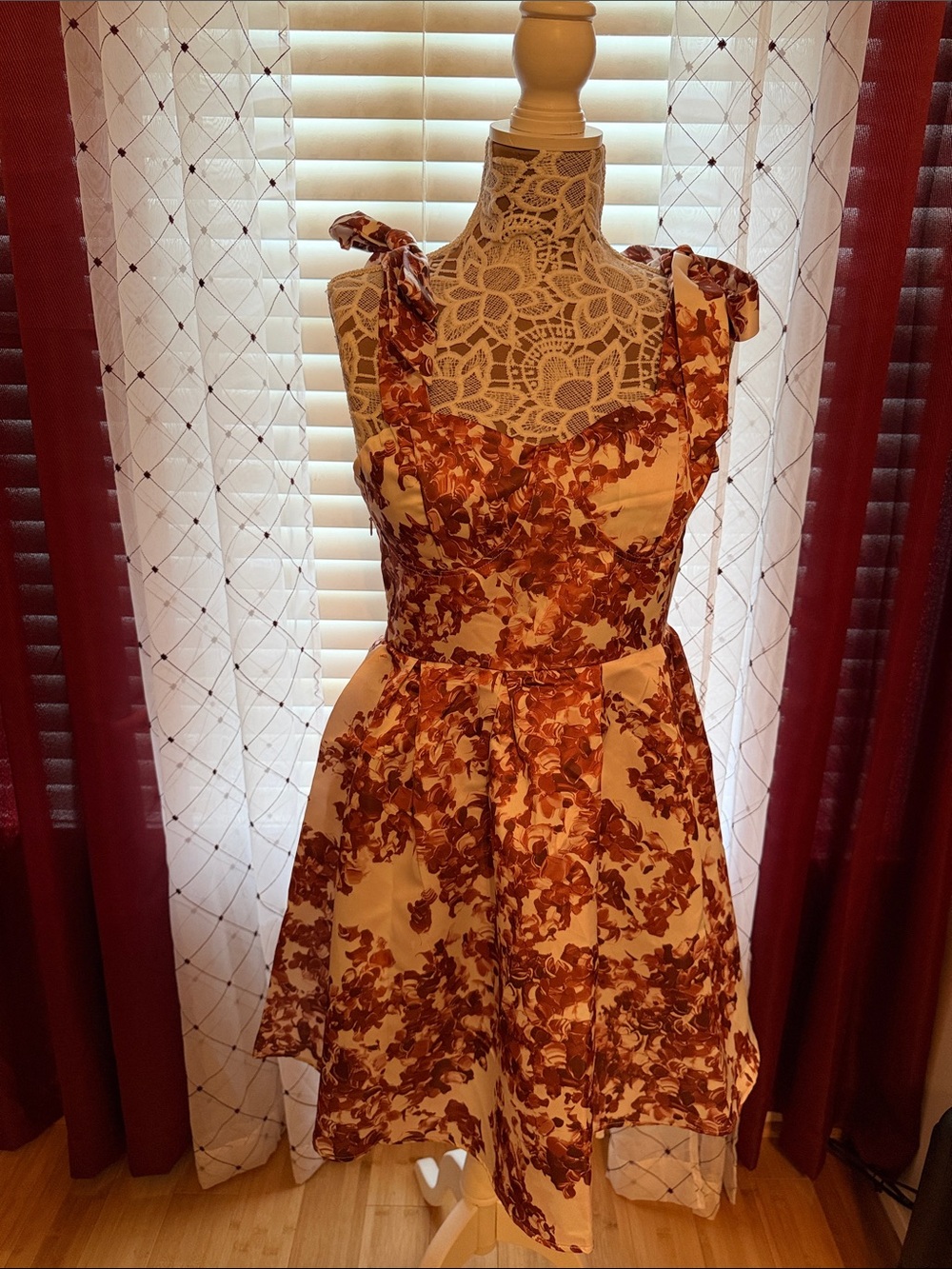 SHEIN Cream Mini Dress with Rust Floral Print and Tie Straps